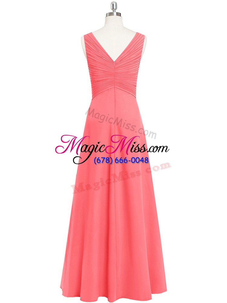 wholesale chiffon v-neck sleeveless zipper ruching prom evening gown in watermelon red