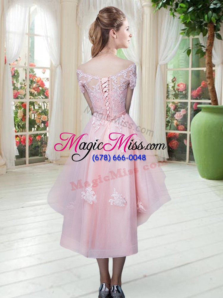 wholesale low price baby pink tulle lace up off the shoulder half sleeves high low prom gown lace and appliques