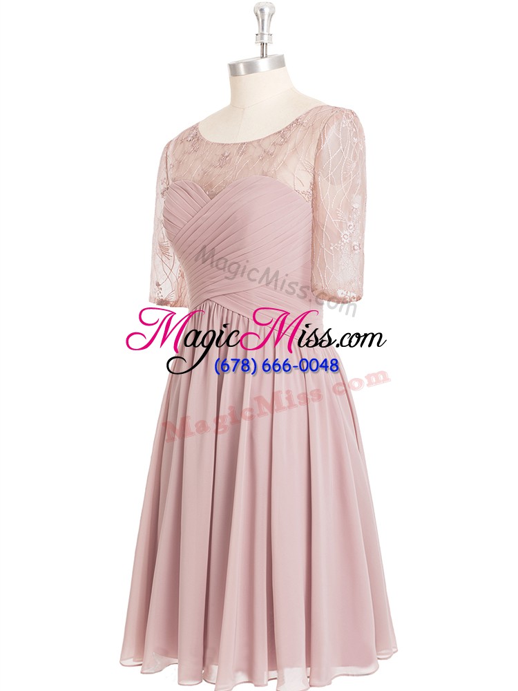 wholesale flirting pink half sleeves chiffon zipper prom dress for prom and party and military ball