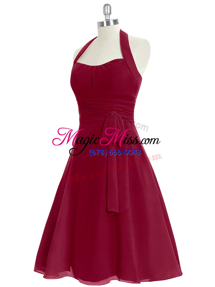 wholesale wonderful sleeveless chiffon knee length zipper evening dress in wine red with ruching