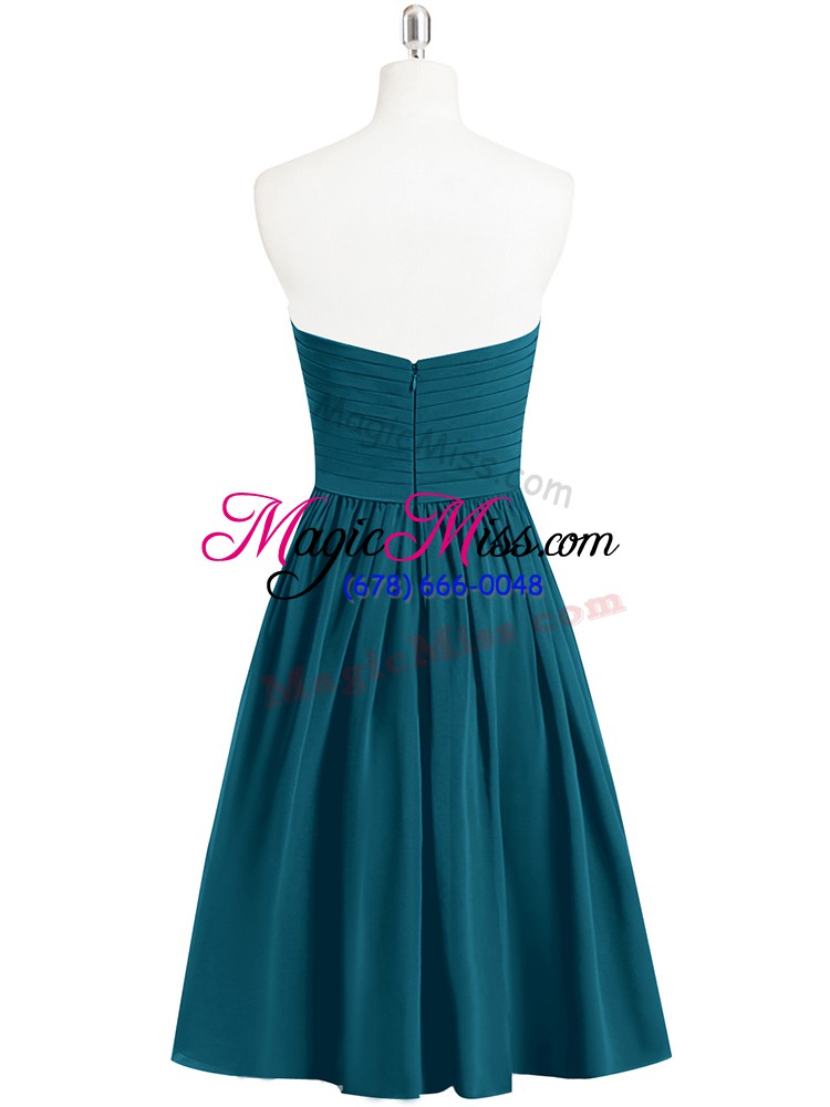 wholesale on sale peacock green sleeveless ruching knee length prom dress