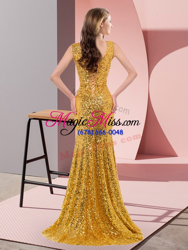 wholesale dramatic gold mermaid beading evening dresses lace up sequined sleeveless