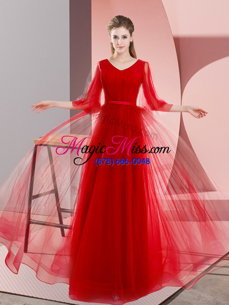 wholesale hot sale floor length red prom dress tulle long sleeves beading