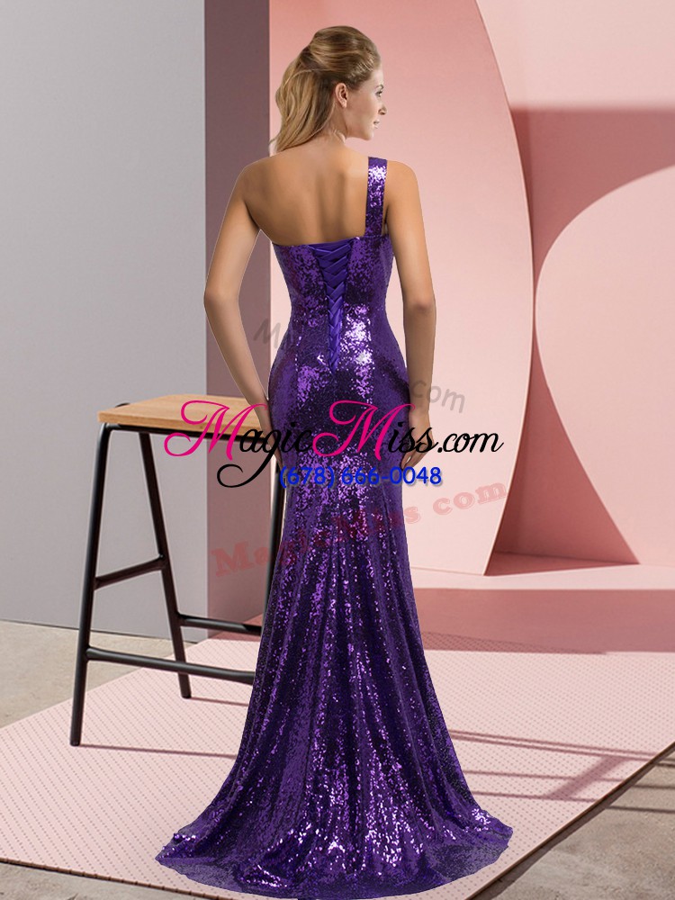 wholesale purple sequined lace up one shoulder sleeveless homecoming dress brush train beading and appliques