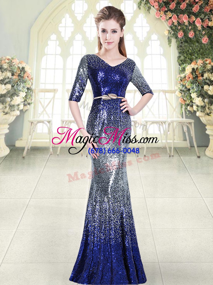 wholesale artistic royal blue sequined zipper homecoming dress half sleeves floor length belt