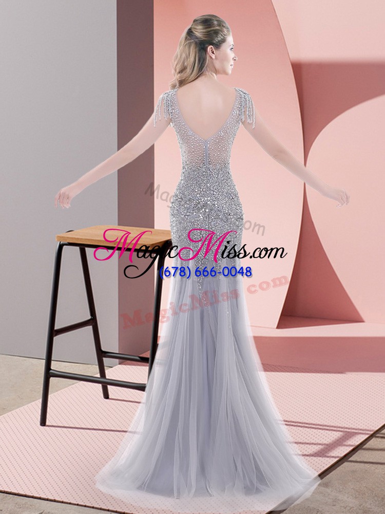 wholesale grey mermaid beading prom gown zipper tulle short sleeves floor length