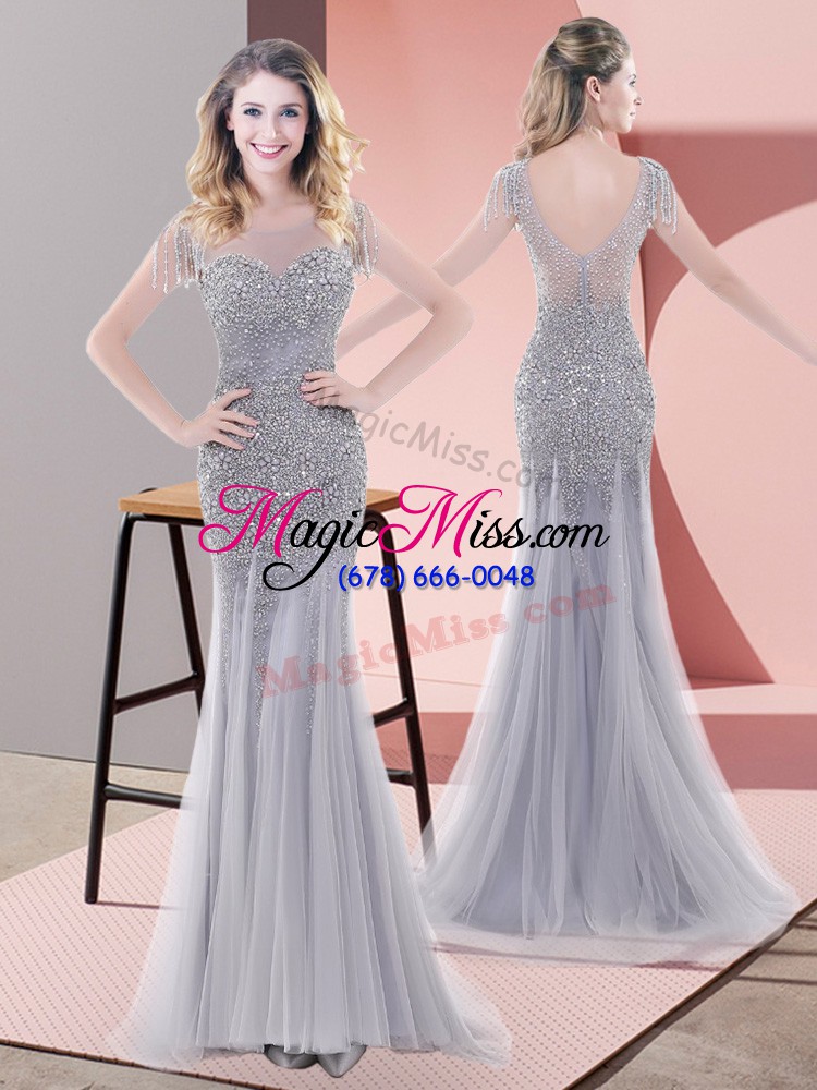 wholesale grey mermaid beading prom gown zipper tulle short sleeves floor length