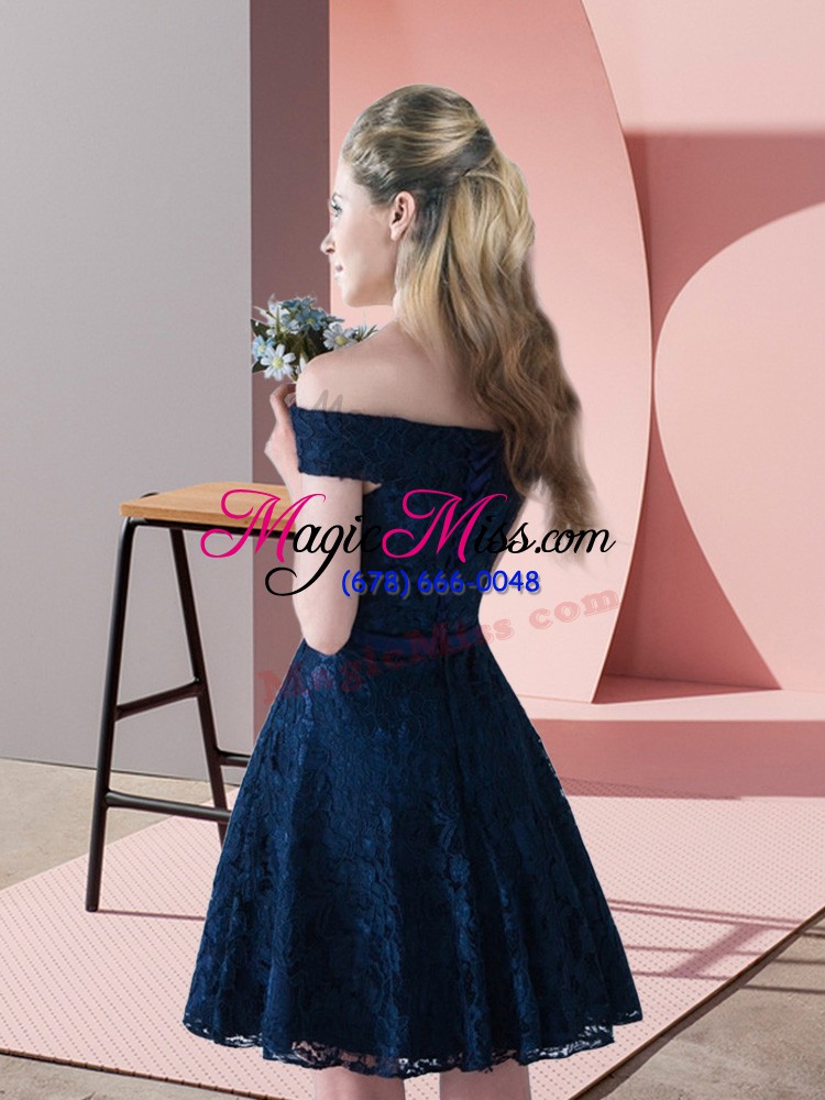 wholesale elegant navy blue a-line off the shoulder sleeveless lace mini length lace up