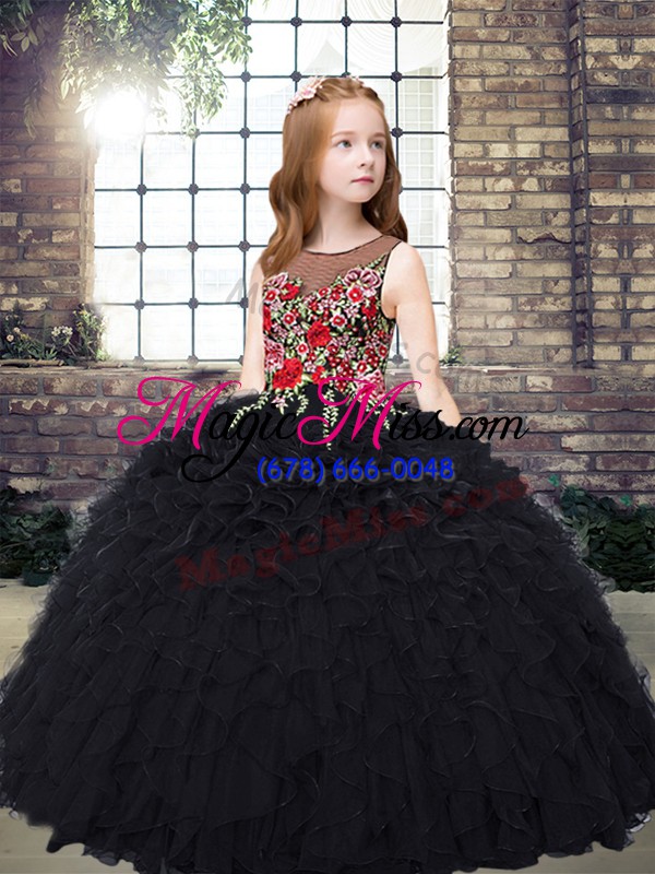 wholesale embroidery and ruffles little girls pageant dress black zipper sleeveless floor length