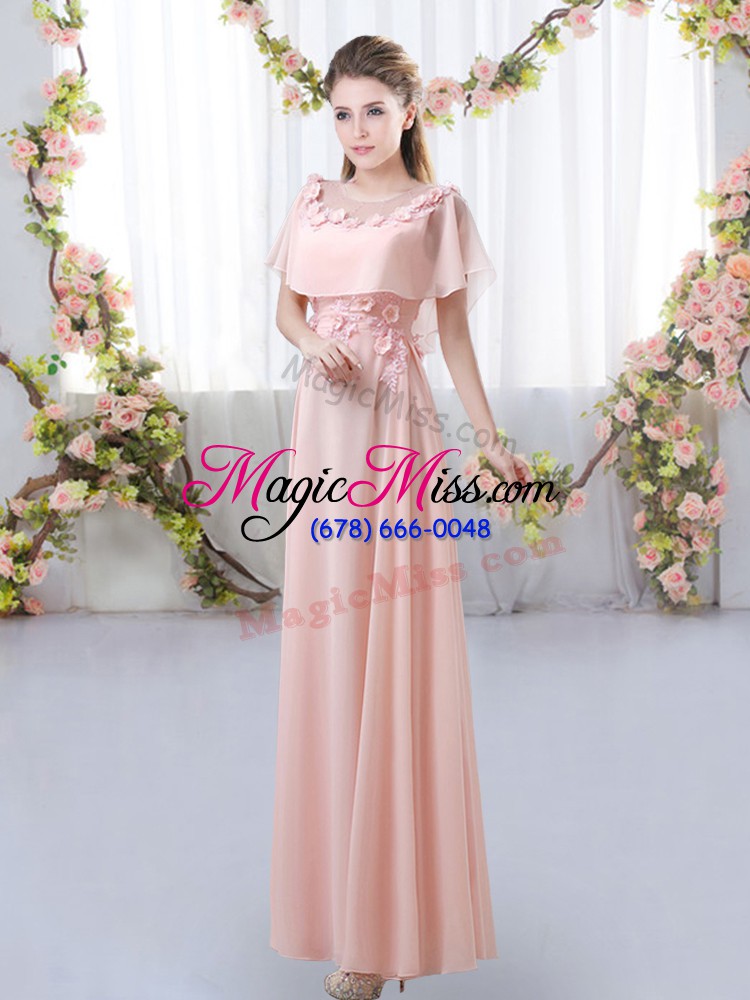 wholesale pink empire appliques bridesmaid dresses zipper chiffon short sleeves floor length