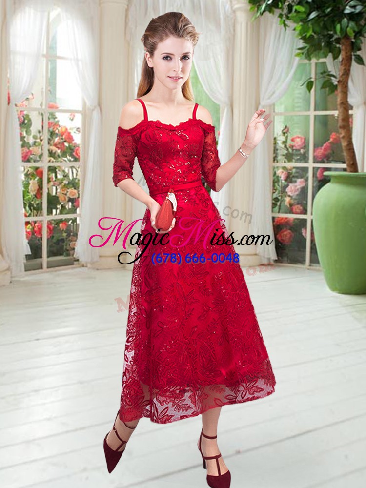 wholesale tea length red prom gown spaghetti straps half sleeves zipper