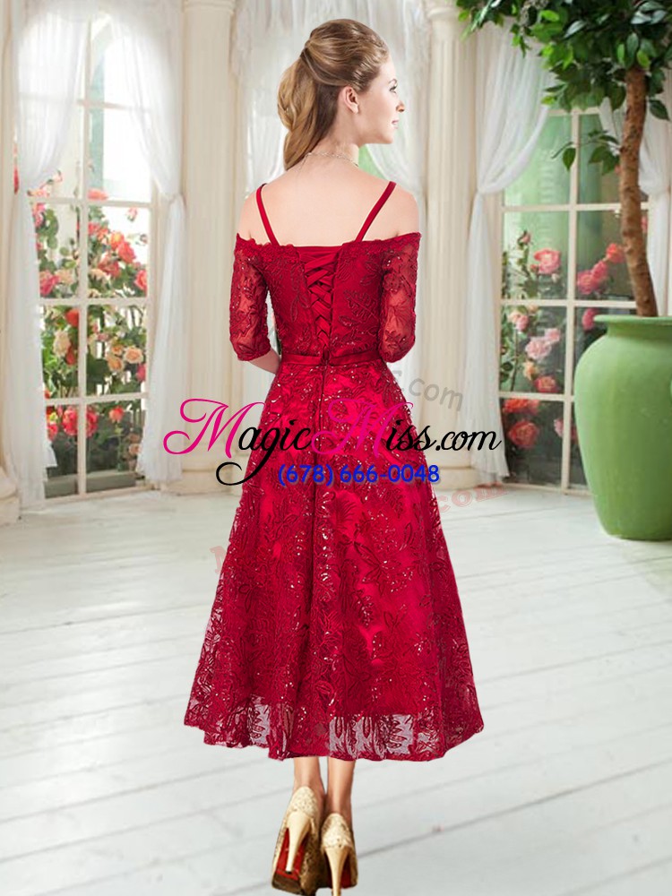 wholesale tea length red prom gown spaghetti straps half sleeves zipper