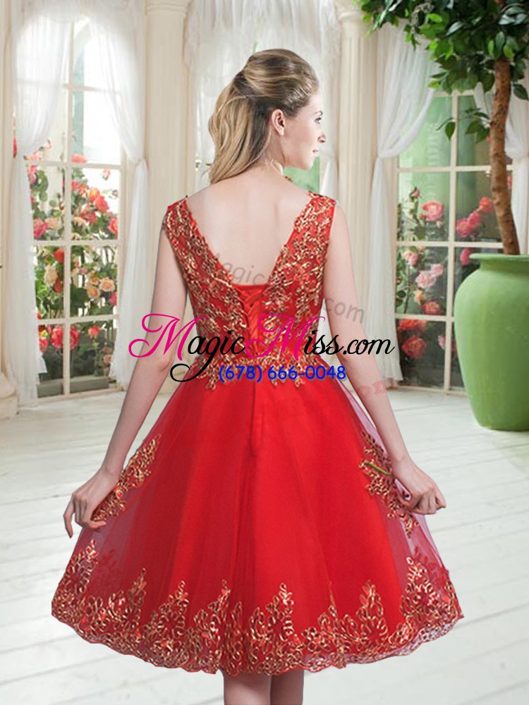 wholesale tulle scoop sleeveless lace up beading and appliques evening dress in