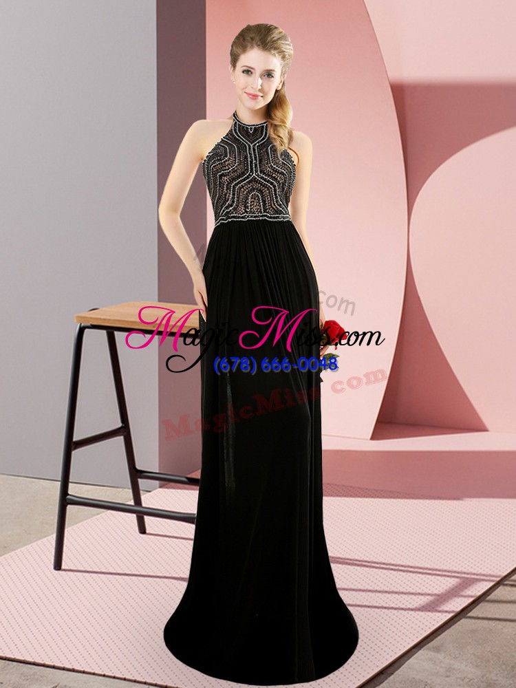 wholesale black sleeveless chiffon sweep train backless dress for prom for prom and party and military ball