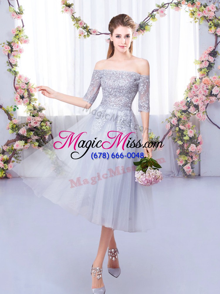 wholesale wonderful grey tulle zipper bridesmaid dress half sleeves tea length lace