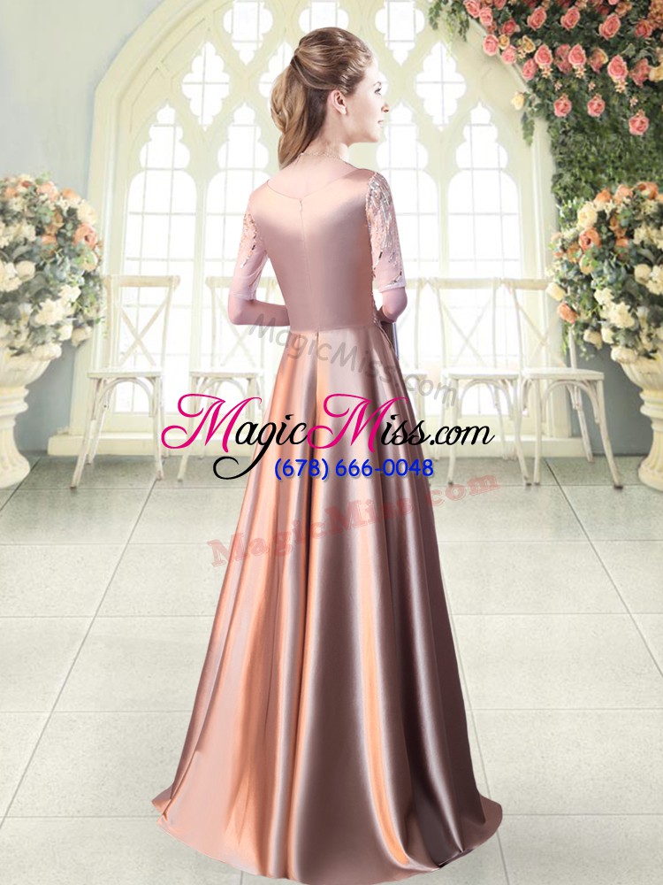 wholesale a-line homecoming dress pink scoop elastic woven satin half sleeves floor length zipper