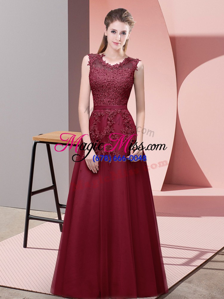 wholesale burgundy scoop neckline lace and appliques and belt formal dresses sleeveless zipper