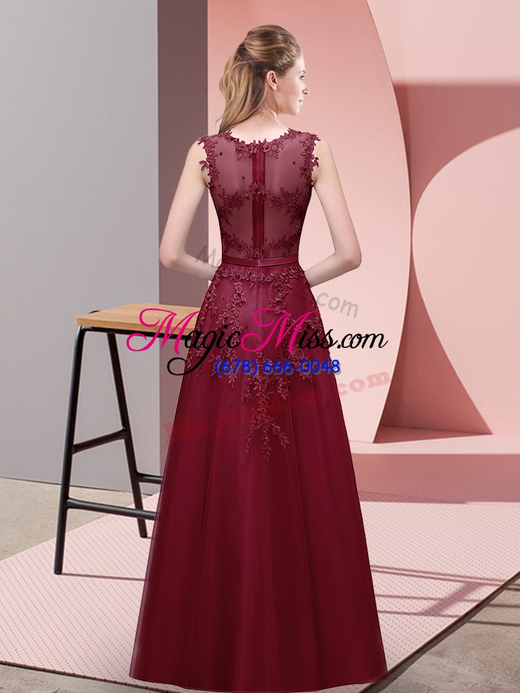 wholesale burgundy scoop neckline lace and appliques and belt formal dresses sleeveless zipper