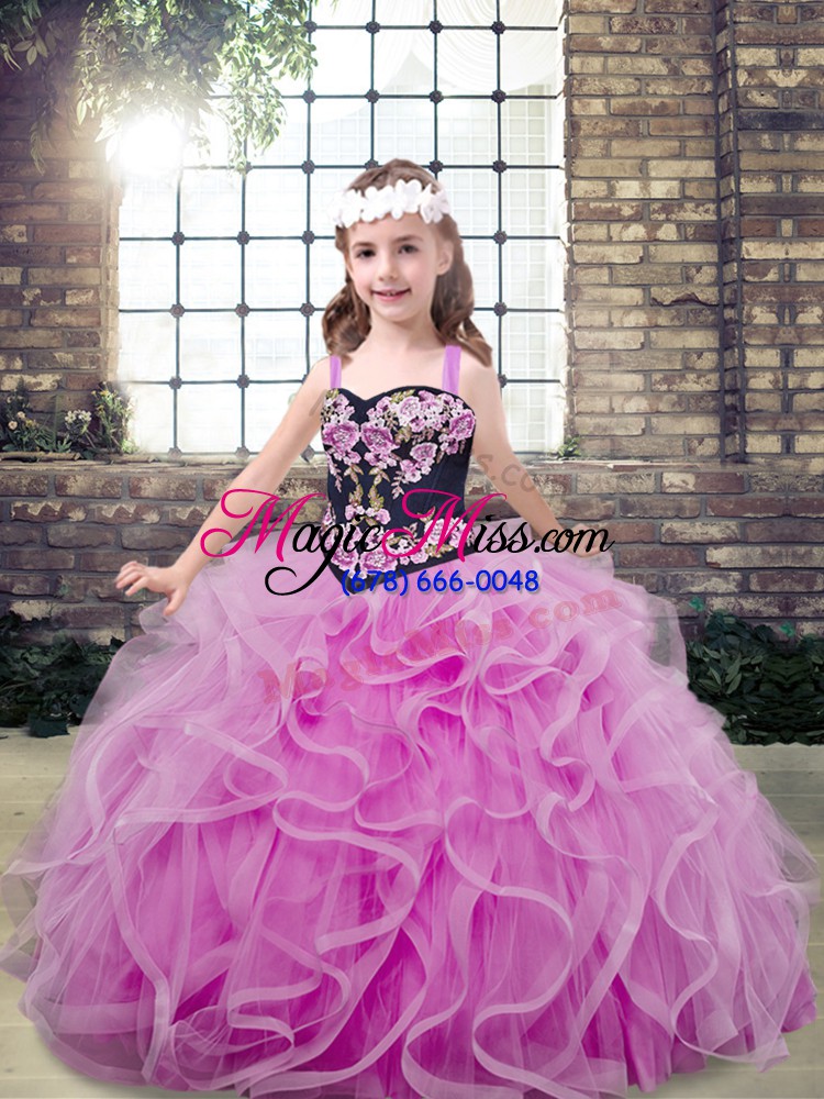 wholesale tulle straps sleeveless lace up embroidery and ruffles child pageant dress in lilac