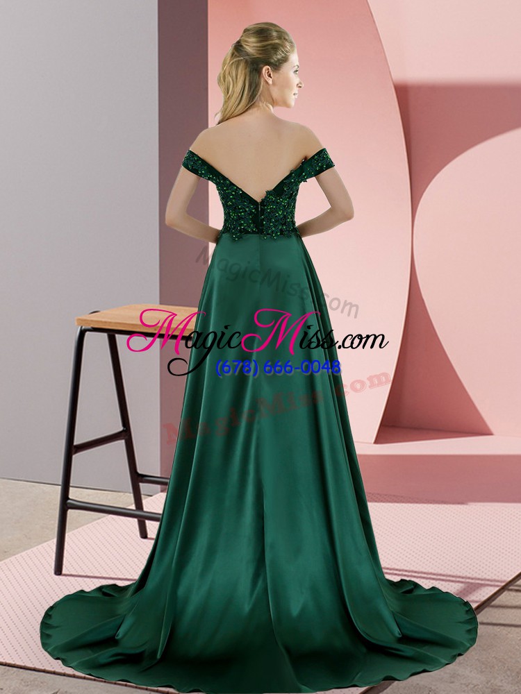 wholesale off the shoulder sleeveless prom evening gown sweep train beading olive green elastic woven satin