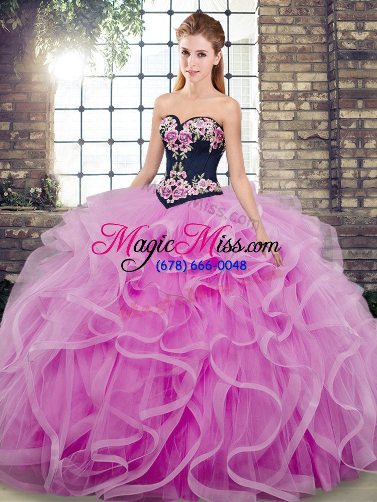 wholesale sleeveless embroidery and ruffles lace up quinceanera dress with lilac sweep train