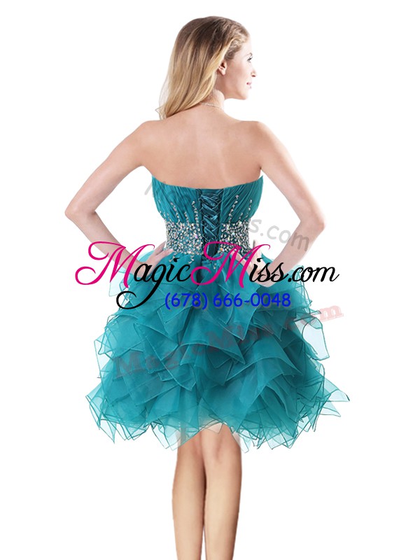 wholesale fashion sleeveless mini length beading and ruffles lace up prom party dress with teal