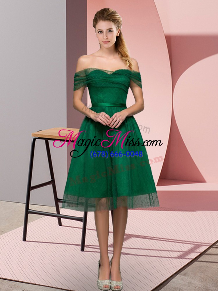 wholesale tea length green prom dress tulle sleeveless beading and lace