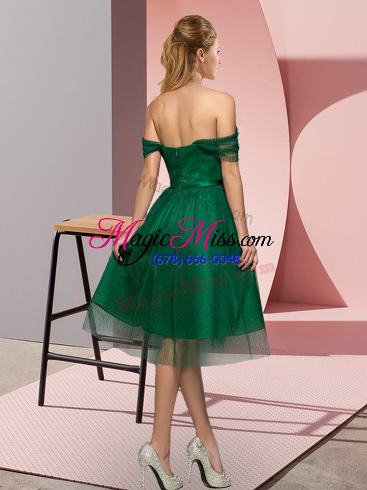 wholesale tea length green prom dress tulle sleeveless beading and lace