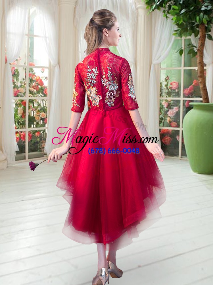wholesale trendy high-neck half sleeves prom dress high low appliques green tulle