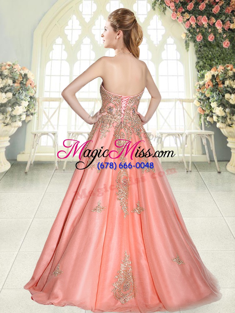wholesale peach sweetheart lace up appliques formal evening gowns sleeveless