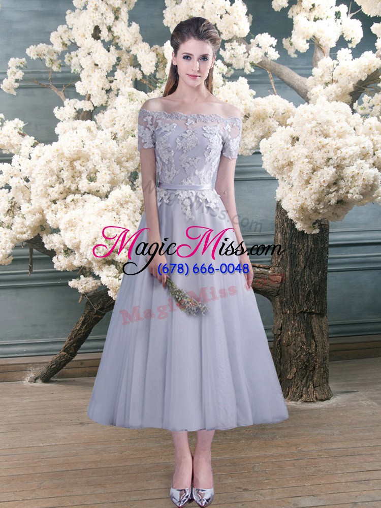 wholesale grey off the shoulder lace up lace and appliques prom evening gown short sleeves
