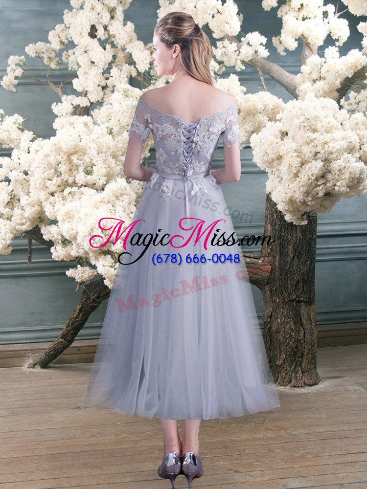 wholesale grey off the shoulder lace up lace and appliques prom evening gown short sleeves