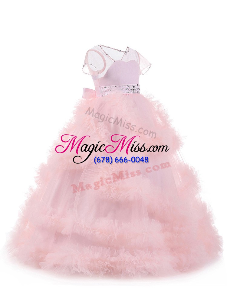 wholesale baby pink ball gowns tulle v-neck short sleeves beading and ruffles floor length backless pageant dresses