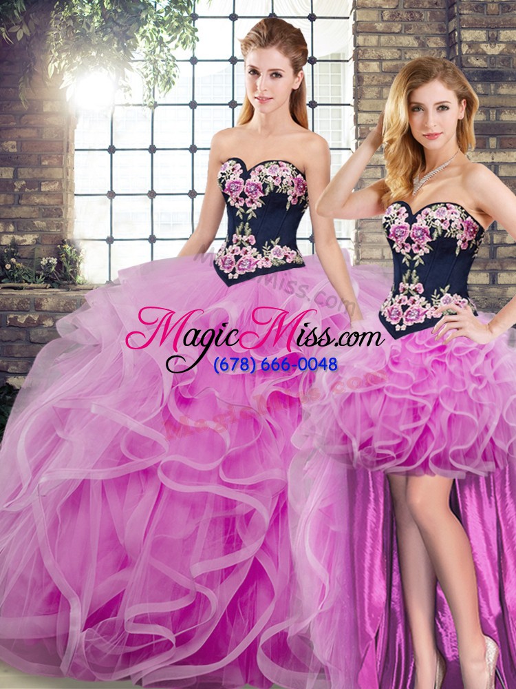wholesale lace up sweet 16 dresses lilac for military ball and sweet 16 and quinceanera with embroidery and ruffles sweep train