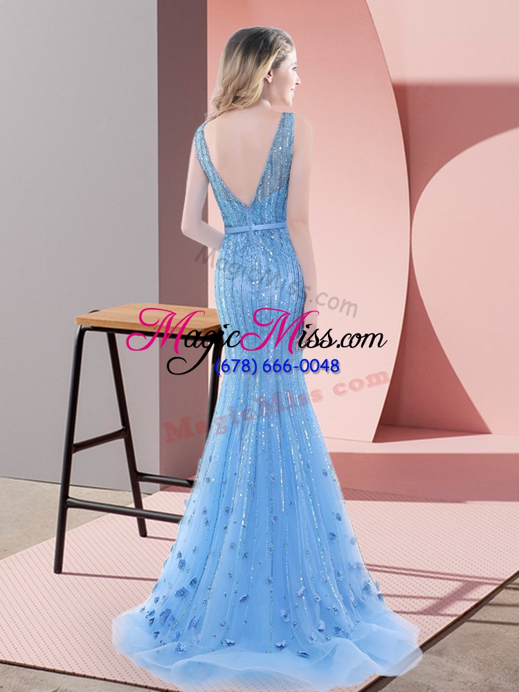 wholesale tulle sleeveless prom evening gown sweep train and beading and sequins