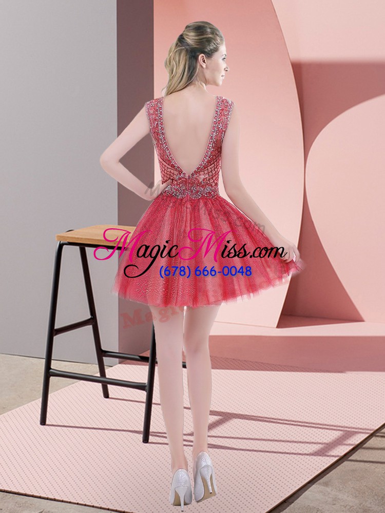 wholesale attractive mini length watermelon red prom dress v-neck sleeveless backless
