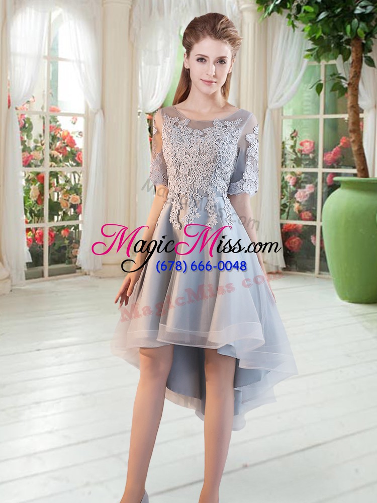 wholesale glamorous high low lace up evening dress grey for prom and party with appliques