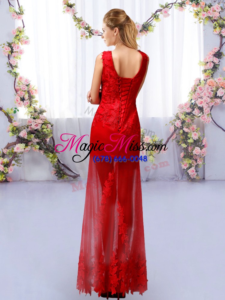 wholesale fashionable fuchsia v-neck lace up lace bridesmaid dress sleeveless