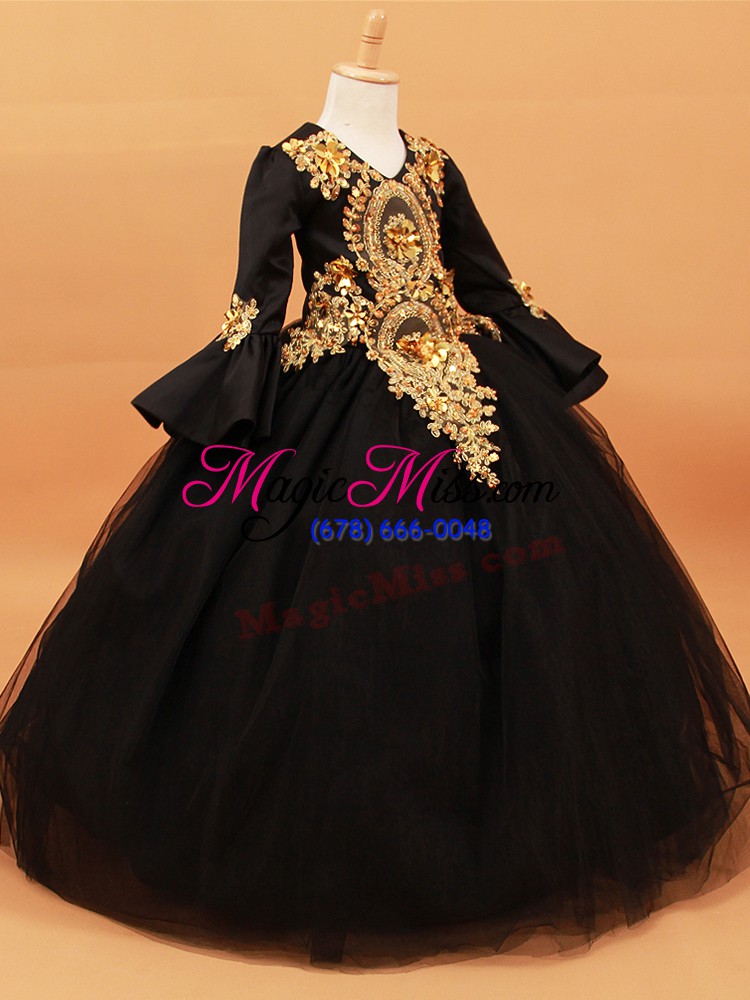 wholesale v-neck long sleeves tulle kids pageant dress beading and appliques