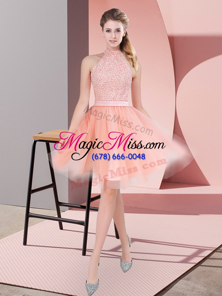 wholesale peach a-line beading prom gown zipper tulle sleeveless knee length