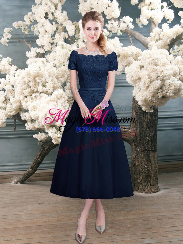 wholesale free and easy navy blue zipper prom dress lace short sleeves tea length