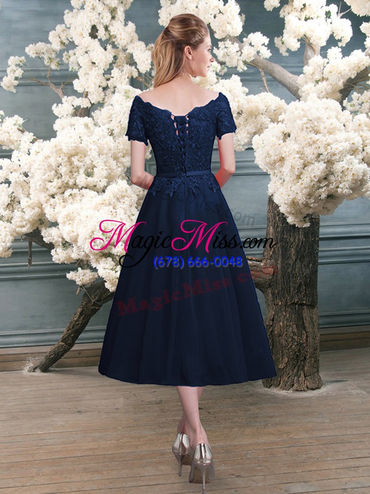 wholesale free and easy navy blue zipper prom dress lace short sleeves tea length