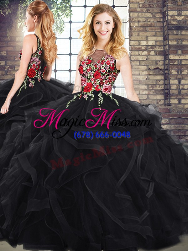 wholesale graceful black zipper quince ball gowns sleeveless floor length embroidery and ruffles