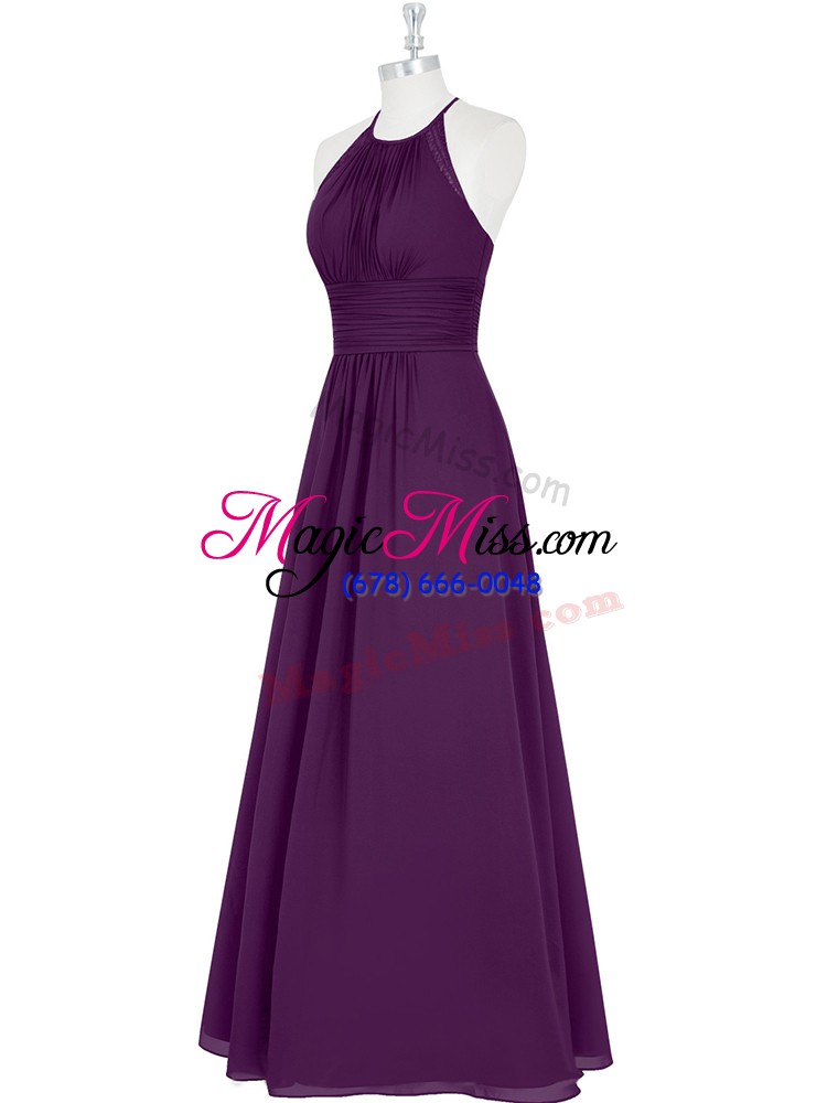 wholesale artistic chiffon halter top sleeveless zipper ruching formal evening gowns in eggplant purple