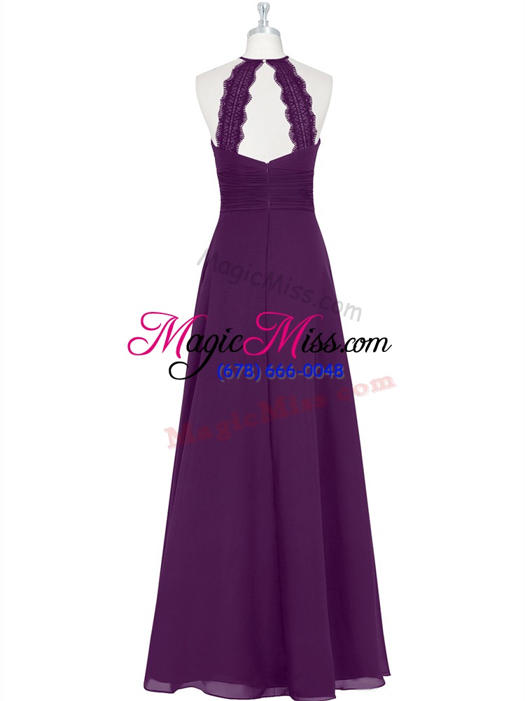 wholesale artistic chiffon halter top sleeveless zipper ruching formal evening gowns in eggplant purple