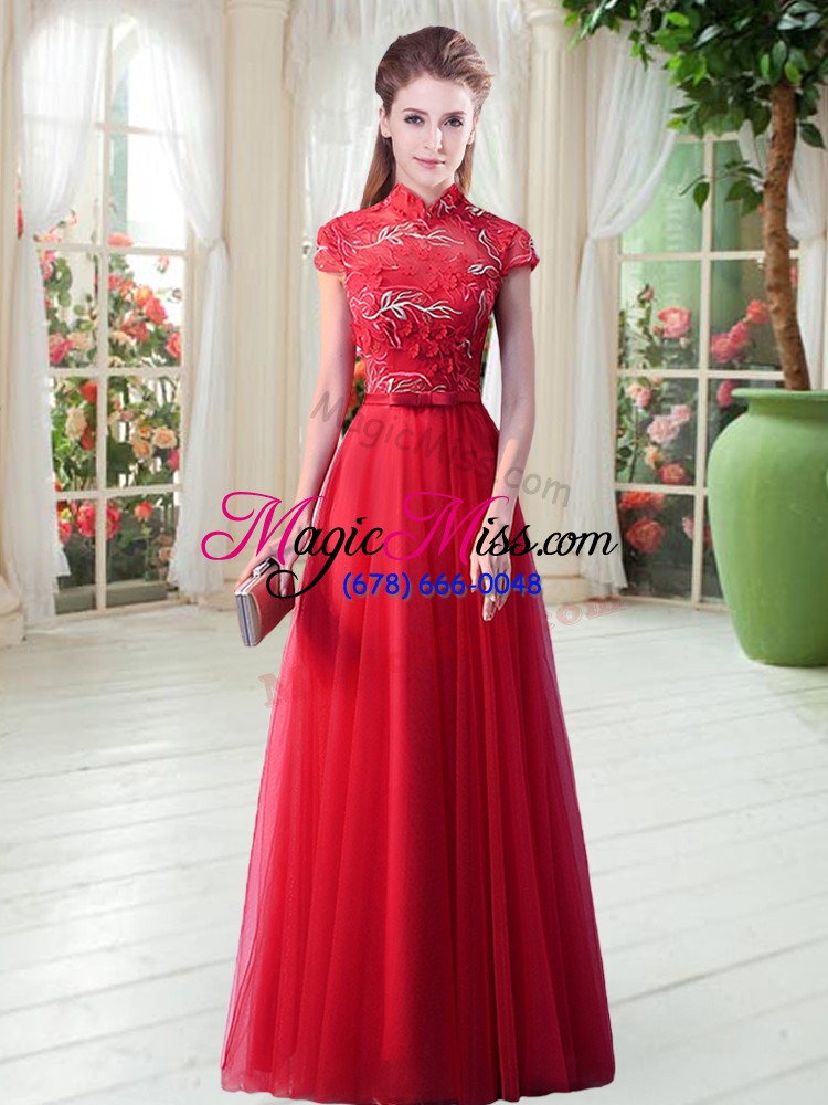 wholesale fancy high-neck cap sleeves prom dresses floor length appliques red tulle