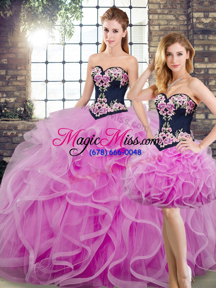 wholesale sweetheart sleeveless vestidos de quinceanera sweep train beading and embroidery and ruffles lilac tulle
