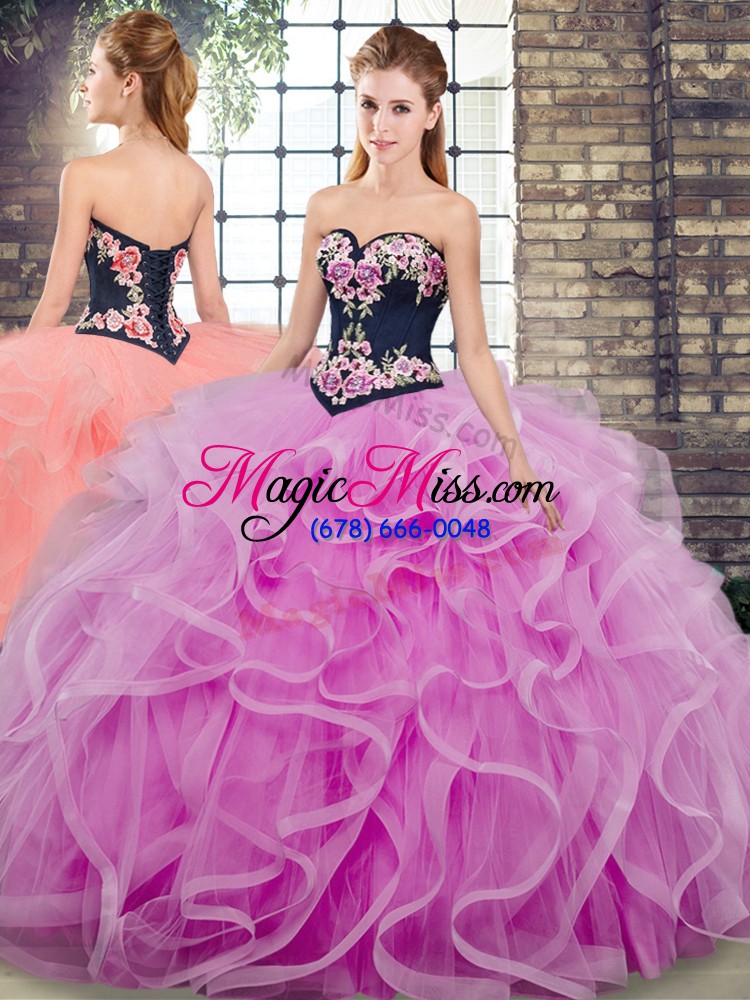 wholesale sweetheart sleeveless vestidos de quinceanera sweep train beading and embroidery and ruffles lilac tulle