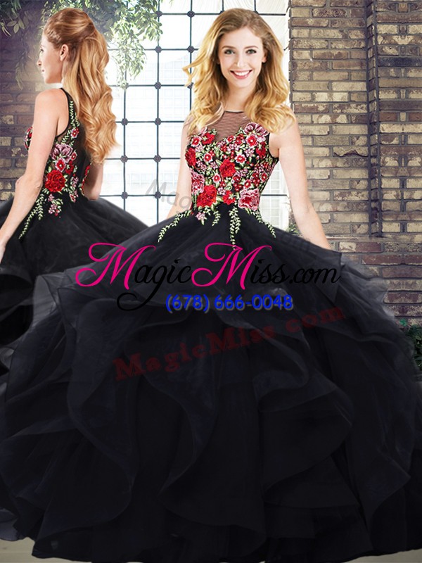 wholesale deluxe black lace up ball gown prom dress beading and embroidery sleeveless floor length