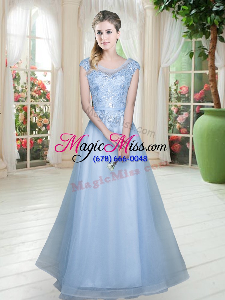 wholesale dynamic light blue cap sleeves tulle lace up prom evening gown for prom and party